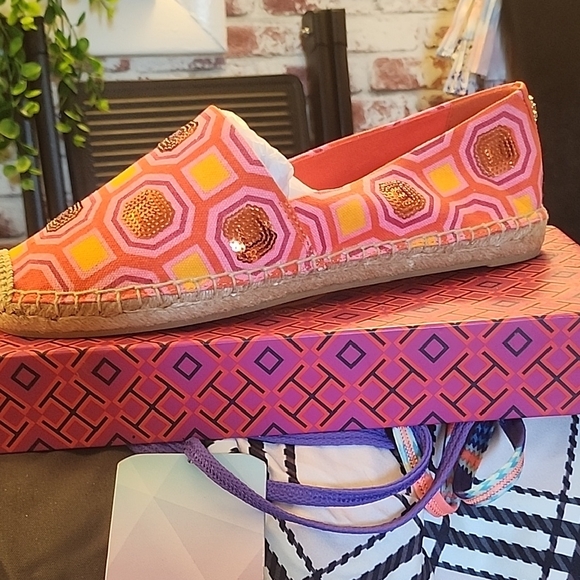 Tory Burch Shoes - Tory Burch Pink and Orange Espadrilles with Geometric Pattern